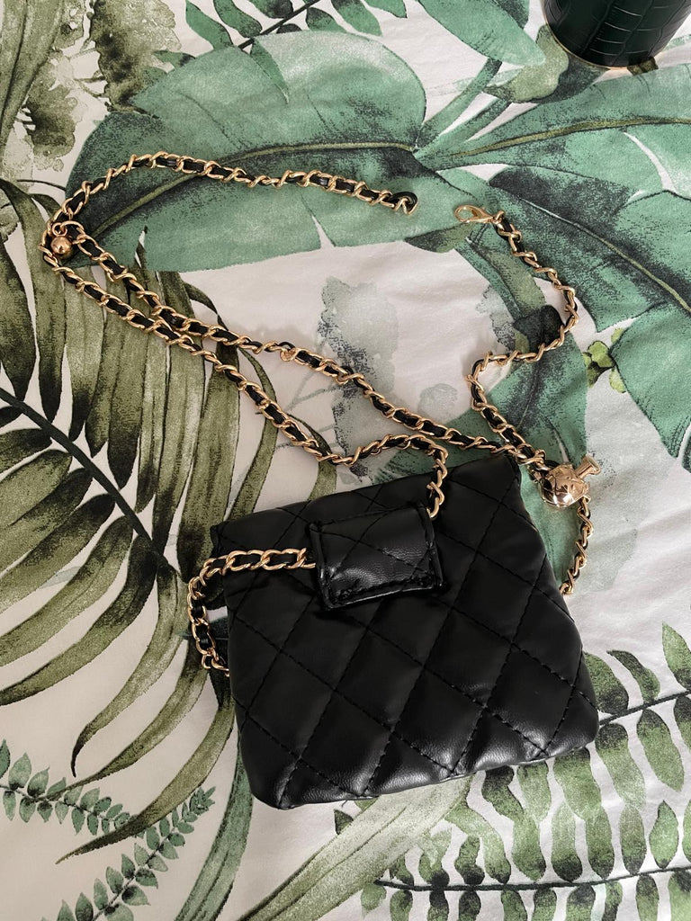 Black quilted waist mini bag with gold chain